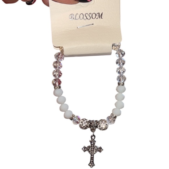 Jewelry - Silver and White Beaded Bracelet with Cross Charm